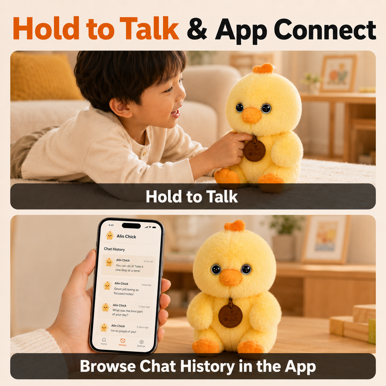 Hold to talk and app connection with AIin Chick